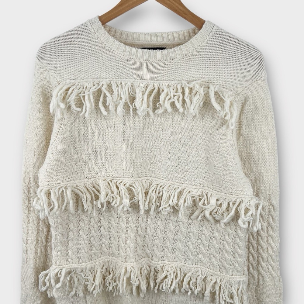 Boho Fringe Knit Sweater Cream Textured Festival Unisex Small Oversized Fit - Picture 2 of 4